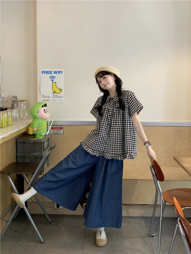 실사 베이비 칼라 격자 무늬 셔츠 청바지