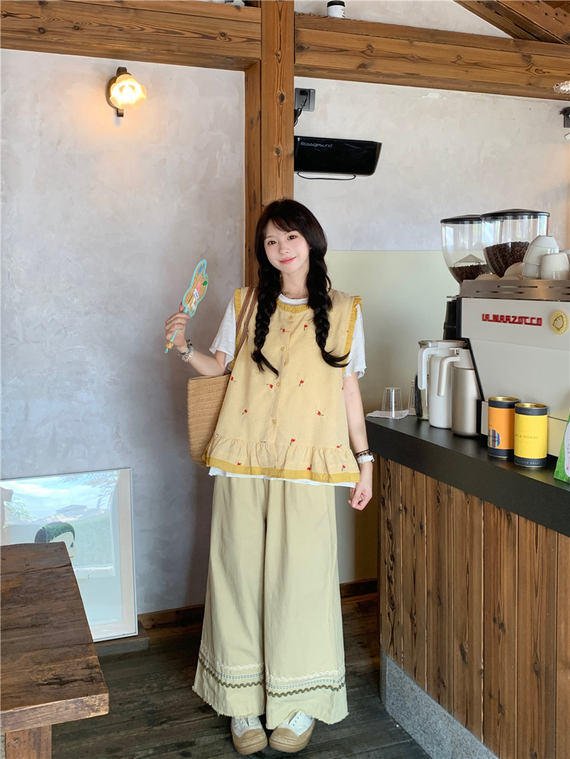 실사 체크무늬 자수 베스트 티셔츠 캐주얼 바지
