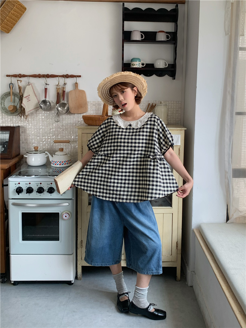 실사 체크무늬 베이비 칼라 셔츠 데님 7부 바지