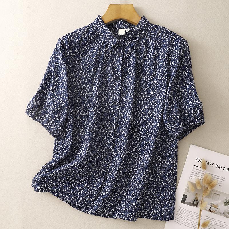 실사 센 부서 순면 프린트 셔츠 루즈핏 슬림해 보이는 맨위 여름 레트로 문예 폴로 칼라 셔츠 여성 791#