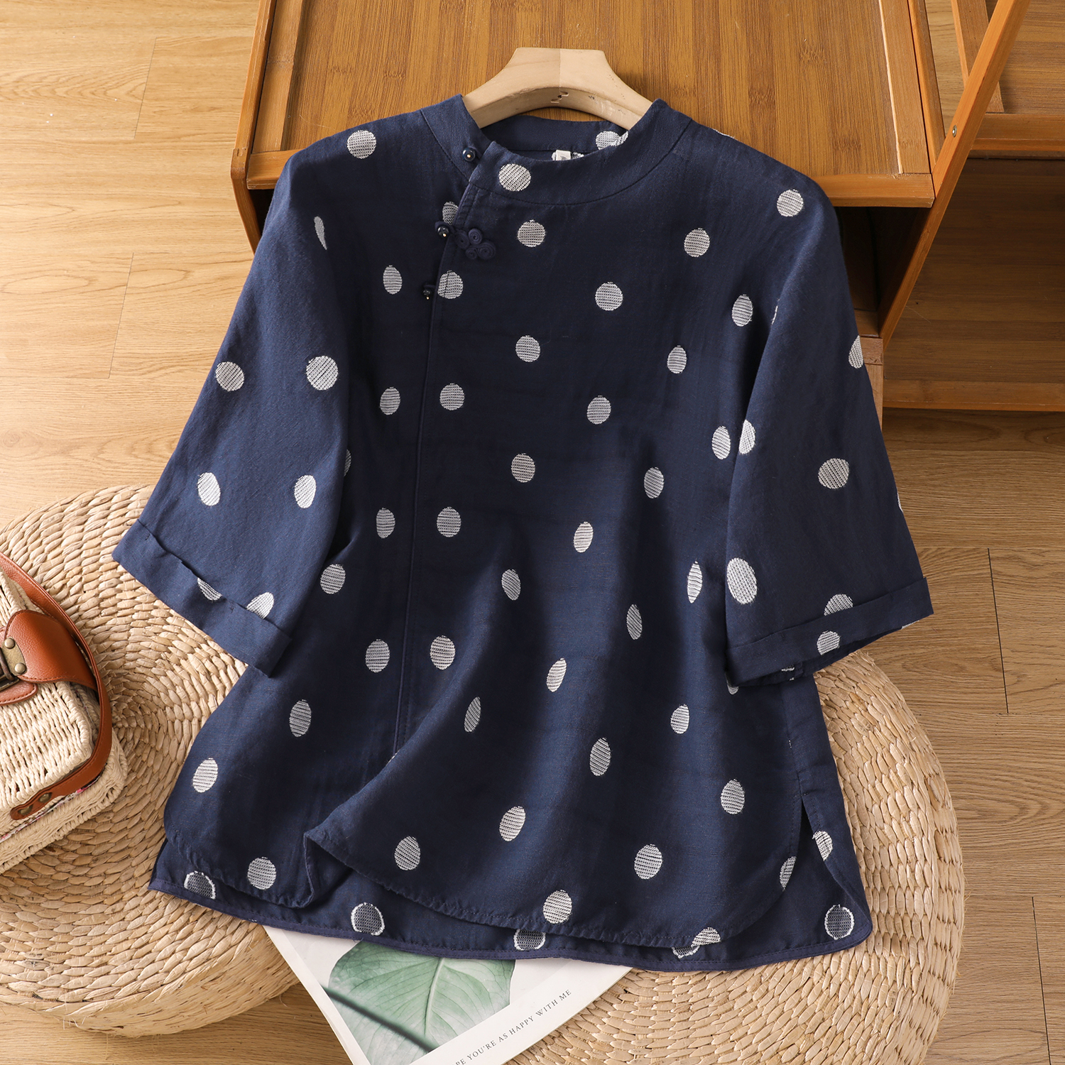 2025 여름 신제품 면 린넨 자수 프랑스식 문예 레트로 도트 무늬 셔츠