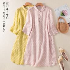 批发夏季新款复古苎麻印花宽松休闲<b class='q'>衬衫</b>裙文艺百搭中长款上衣女