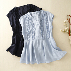 批发新款棉麻修身无袖V领木耳边上衣女<b class='q'>夏</b>系带外穿马甲背心气质小衫