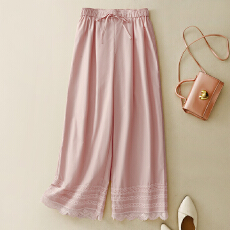 批发抽绳松紧腰花边拼接休闲裤女<b class='q'>夏</b>2025新款高腰阔腿直筒裤