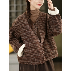 批发冬季时尚加厚格纹毛呢短外套内里加绒保暖棉衣加绒棉服
