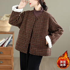 批发冬季时尚加厚格纹毛呢短外套内里加绒保暖棉衣加绒棉服
