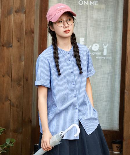 일본식 작은 스탠드 칼라 블루 화이트 스트라이프 여성 셔츠 여름 면 린넨 통기성 반팔 셔츠 캐주얼 맨위