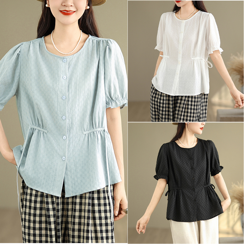 실사 문예 질감 센스 자카드 면 100% 여성 셔츠 품격 라운드 넥 레이스 중간 소매 맨위 면 셔츠 여름