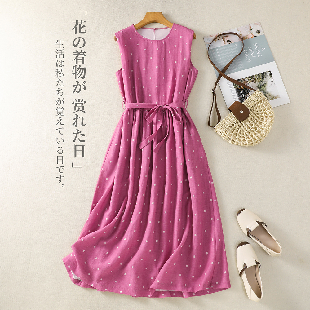 실사 문예 레트로 아마 주간 실크 민소매 도트 무늬 여성 드레스 허리 수축 슬림해 보이는 연령 감소 작은 조끼 스커트