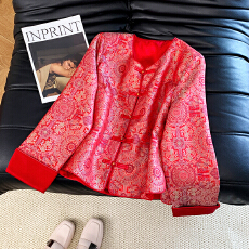 批发实拍新中式国潮东方秋款缎面提花盘扣汉服小圆领拼接长袖改良外套