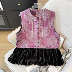 批发实拍新中式中国风缎面提花刺绣拼接重工立领盘扣圆领坎肩背心马甲