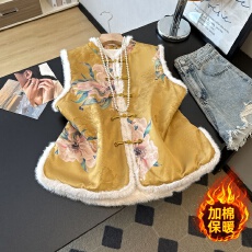 批发实拍新中式古典唐装毛边立领加棉重工缎面提花盘扣改良民族风马甲