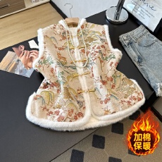 批发实拍新中式汉服气质毛边立领加棉重工提花刺绣盘扣改良民族风马甲