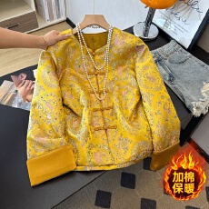 批发实拍新中式古风圆领加棉重工刺绣提花织锦复古长袖拼接棉袄外套