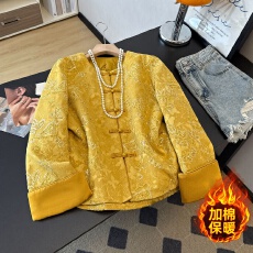 批发实拍新中式唐装圆领加棉重工刺绣提花珠片复古长袖拼接棉袄外套