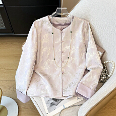 批发实拍新中式汉服提花拼接圆领缎面提花织锦盘扣长袖改良民族风外套