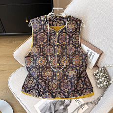 批发实拍新中式国风古韵小圆领盘扣重工提花刺绣织锦改良汉服马甲上衣