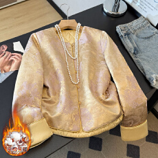 批发实拍新中式夹棉提花卷边圆领缎面提花唐装盘扣长袖民族风上衣外套