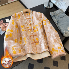 批发实拍新中式加棉加厚国风狐狸毛袖口盘扣提花重工气质上衣开衫外套