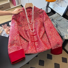 批发实拍新中式汉服秋款古典缎面提花盘扣汉服立领女卷边长袖改良外套