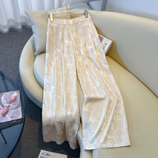 批发实拍新中式改良气质人丝面料民族风重工提花显瘦复古阔腿直筒长裤