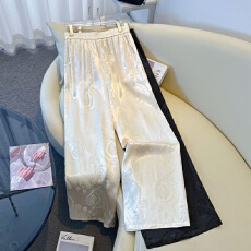 批发实拍新中式春季新款人丝面料民族风重工提花显瘦复古阔腿直筒长裤