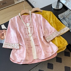 批发实拍新中式新款改良圆领提花刺绣开衫中袖上衣搭配复古吊带两件套