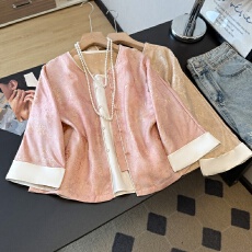 批发实拍新中式民族风改良圆领提花长袖盘扣古典小外套复古吊带两件套