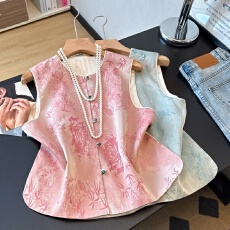 批发实拍新中式春夏国风圆领盘扣重工提花复古民族风改良汉服马甲上衣