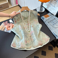 批发实拍新中式气质小圆领盘扣国潮中国风重工刺绣坎肩马甲开衫女外套