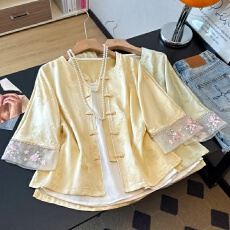 批发实拍新中式民族风外套提花刺绣外搭高级感夏七分袖上衣吊带两件套