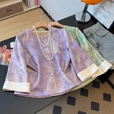 批发实拍新中式古典东方人丝面料提花小圆领翻折袖中袖国风薄款小外套