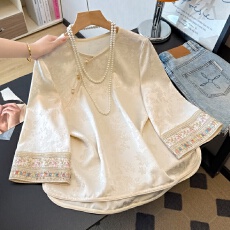 批发实拍新中式东方韵味人丝面料提花刺绣圆领拼接中袖斜襟女改良上衣