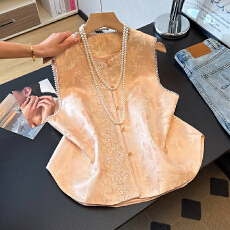 批发实拍新中式国风小圆领重工立体刺绣提花改良盘扣坎肩中国风马甲