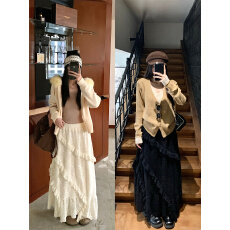 批发实拍 甜美宽松荷叶边磨毛蕾丝半身裙百搭气质半身裙