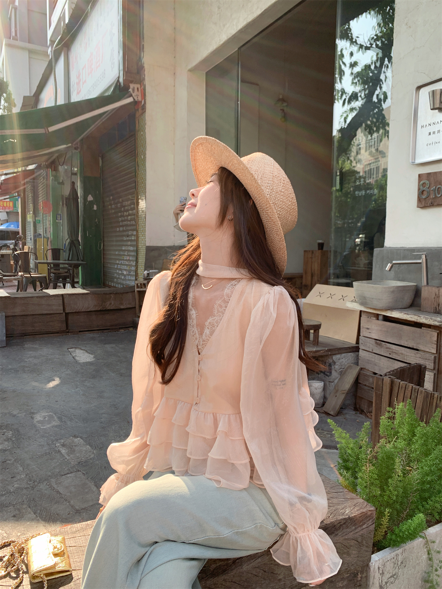 실사 달콤함 연령 감소 V넥 레이스 조각 프릴 긴팔 루즈핏 리본 셔츠 맨위