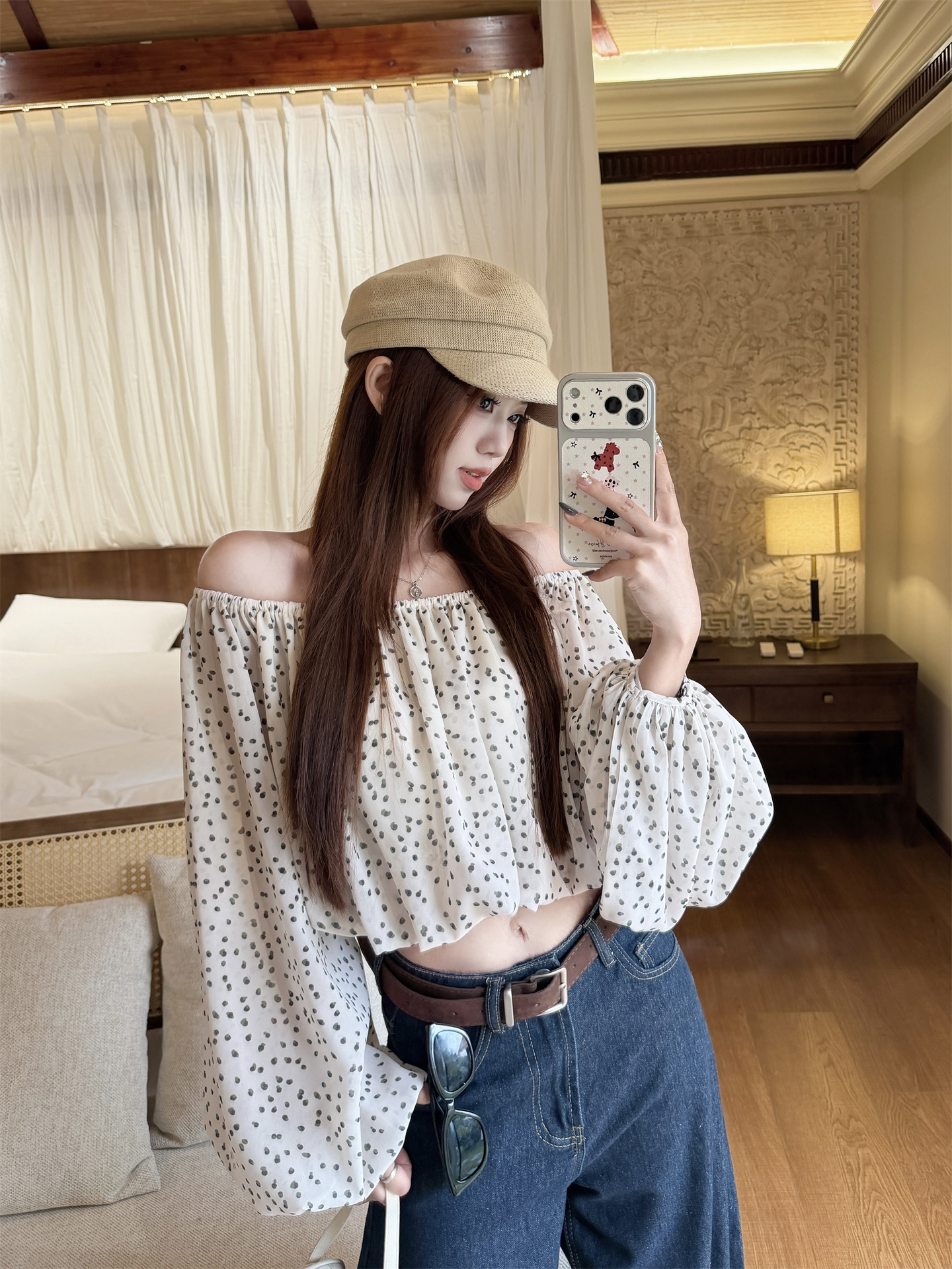 실사 프랑스식 오프숄더 도트 무늬 쇼트 스타일 긴팔 작은 셔츠 맨위