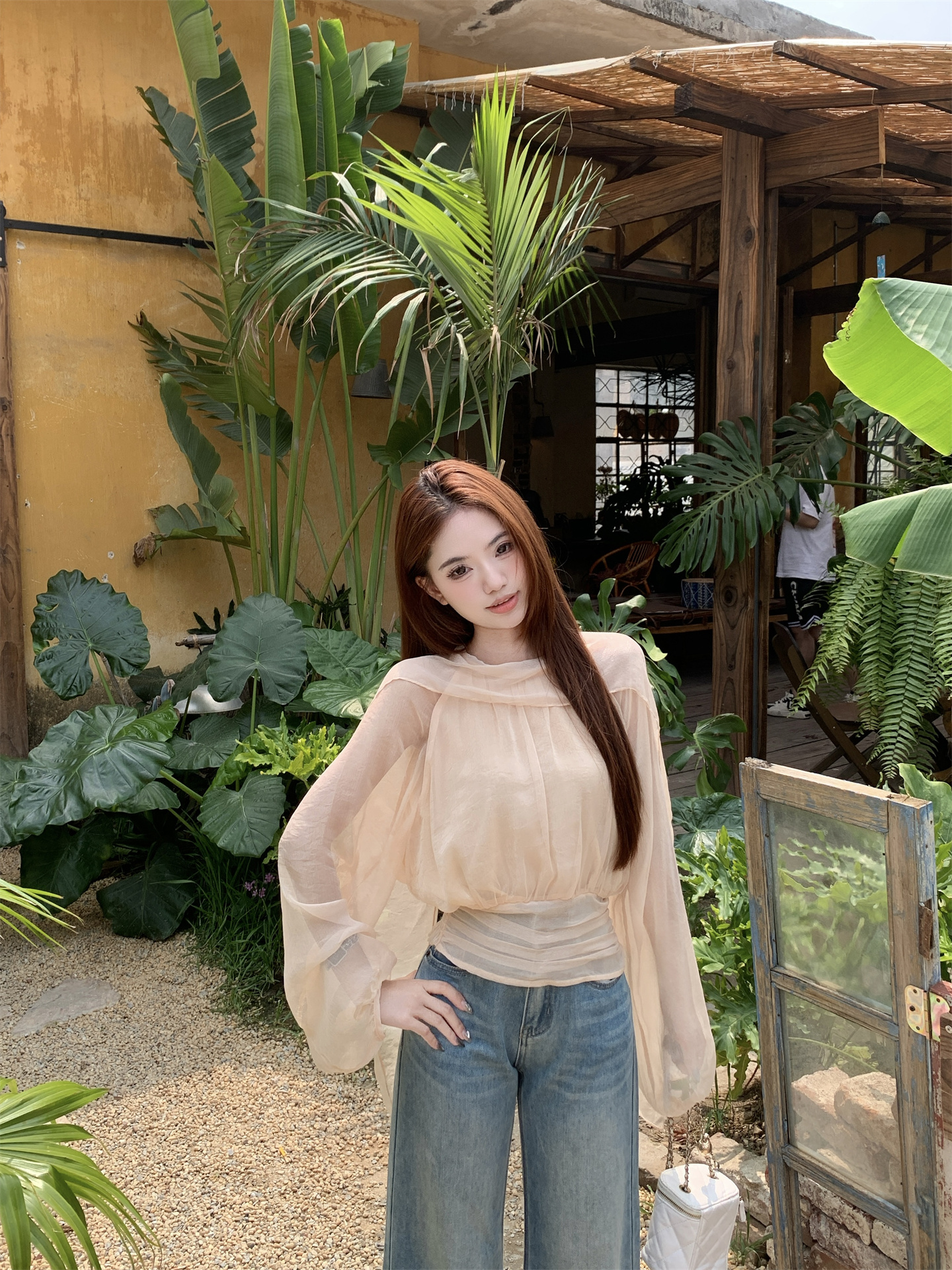 실사 프랑스식 느긋한 바람 라운드 넥 패치워크 리본 펌프 Pleat 품격 작은 셔츠 허리 수축 셔츠