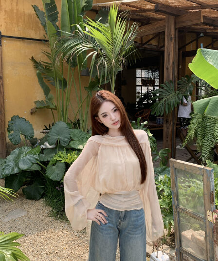 실사 프랑스식 느긋한 바람 라운드 넥 패치워크 리본 펌프 Pleat 품격 작은 셔츠 허리 수축 셔츠