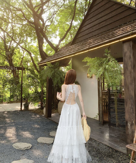 실사 레이스 조각 백리스 드레스 해변가 사진 찍기 치마 분위기 센스 섬 휴가 바람 롱 스커트