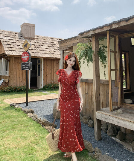 실사 한 부서 순수한 욕망 바람 꽃무늬 드레스 여름 V넥 허리 수축 슬림해 보이는 품격 부드러운 바람 롱 코트 인어 꼬리 스커트