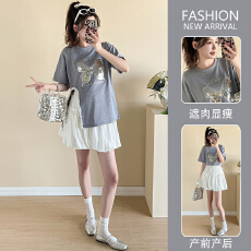 批发实拍2026年木耳边开叉蝴蝶亮片设计感<b class='q'>短袖</b>T恤A字半身短裙时尚套装