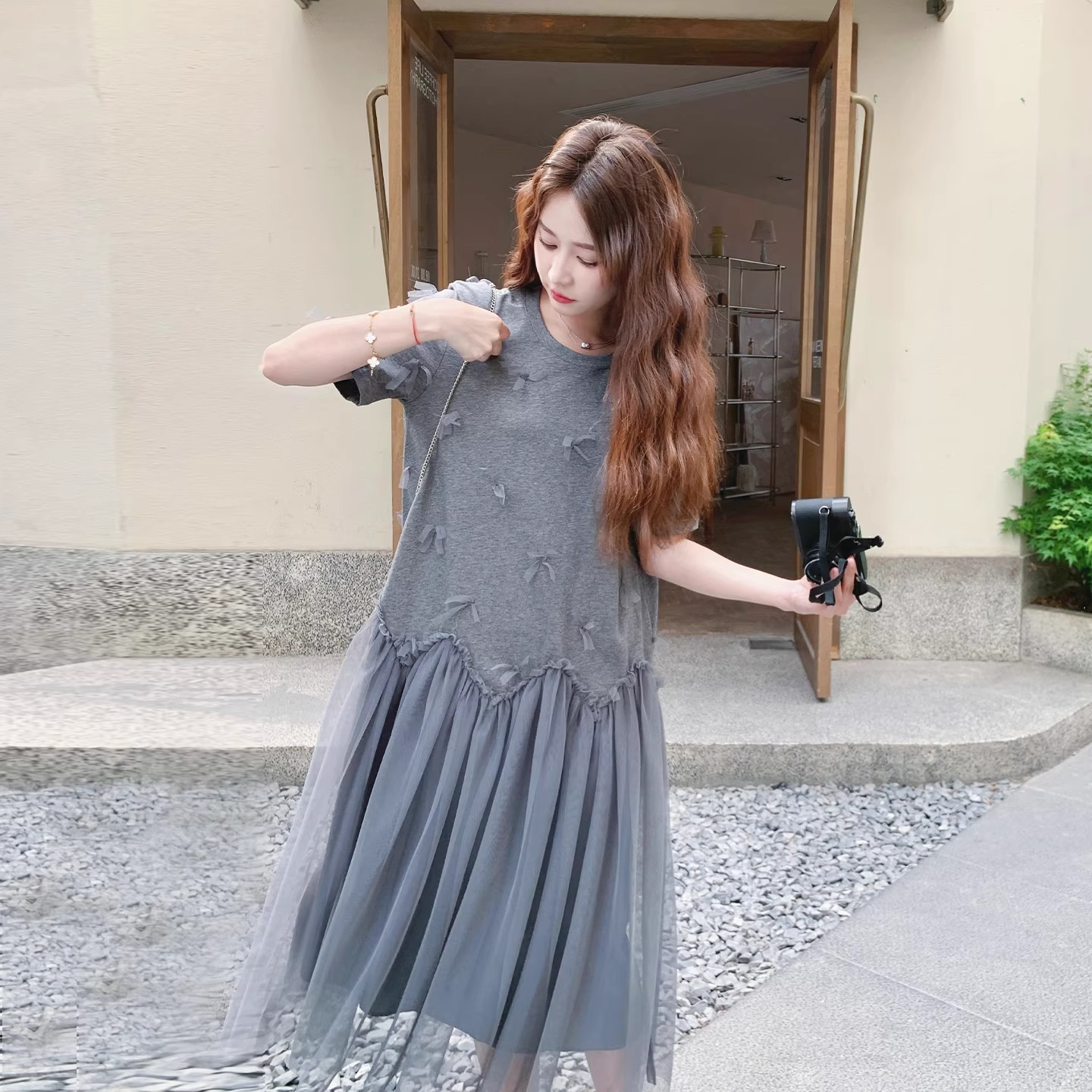 임산부 망사 패치워크 티셔츠 드레스 2026 년 여름 새로운 디자인 센스 한국 스타일 루즈핏 임산부 A라인 스커트
