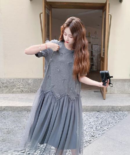 임산부 망사 패치워크 티셔츠 드레스 2026 년 여름 새로운 디자인 센스 한국 스타일 루즈핏 임산부 A라인 스커트