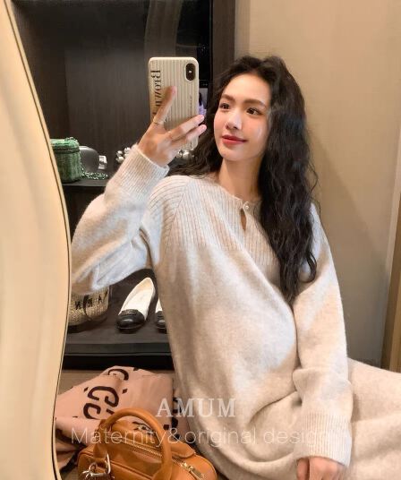 새로운 임산부 드레스 매춘부 분위기 진주 단추 한 알 부드러운 찹쌀 니트 가을 겨울 스웨터 원피스
