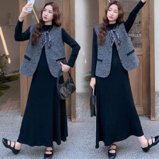 批发孕妇装大码女装法式连衣裙马甲套装秋款背心圆领长袖针织裙两件套