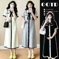 实拍现-孕妇装2026新款夏蝴蝶结翻领撞色针织连衣裙女显瘦高级感