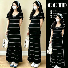 实拍现孕妇夏季2026新款条纹显瘦连衣裙夏天黑色裙子孕妈高级穿搭