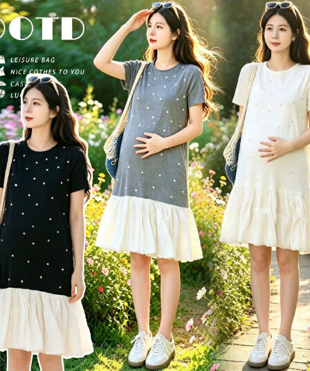 출산 착용 여름 드레스 2026 새로운 드레스 임신 엄마 프랑스식 착용 가져 가라. 패션 품격 달콤함 슬림해 보이는 여름 미니 스커트