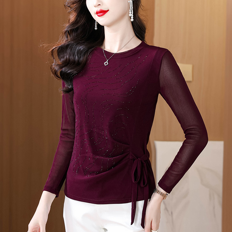 MY17764# 网纱蕾丝打底衫烫钻女时尚洋气内搭上衣女裝貨源服裝批發